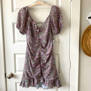 Light blue and lilac floral ruffle detailed touched mini dress